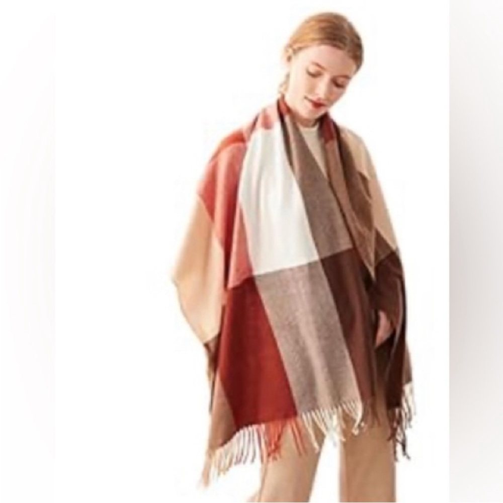 Cozy Colorblock Fringe Wrap Shawl - Rust & Cream - Picture 6 of 6